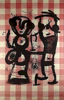 Joan Miro, Spanish (1893-1983) circa 1969 color lithograph on fabric, The Rustics.