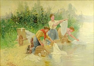 Pierre Testu, French (19/20th C) Oil on Canvas "Washing Day"