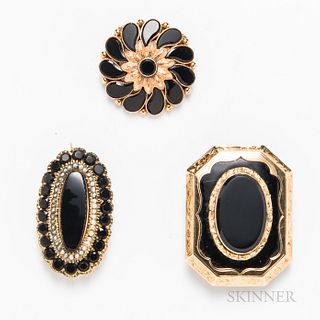 Three Victorian Gold and Onyx Mourning Brooches
