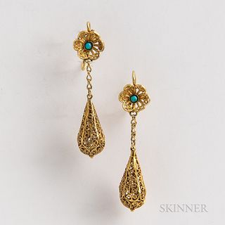 Pair of 14kt Gold and Turquoise Filigree Earrings