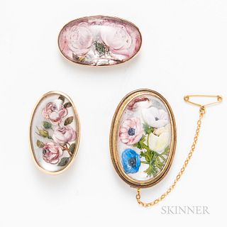 Three 14kt Gold Reverse-painted Crystal Brooches