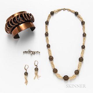 Rebaje Copper Cuff, a Pearl-set Brooch, a Silver-plated Hairpin, and a Seed Pearl and Filigree Bead Necklace and Earring Suite