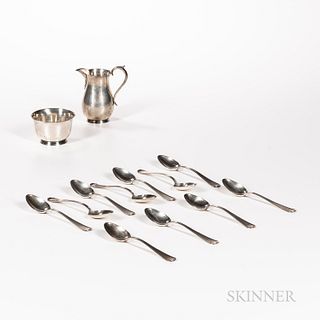 English Sterling Silver Creamer and Sugar and Eleven Gorham "Fairfax" Sterling Silver Teaspoons