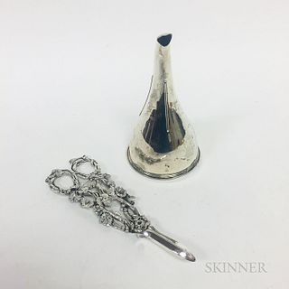 English Sterling Silver Wine Funnel and a Pair of Silver-plated Grape Shears