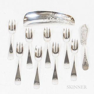 Group of Sterling Silver Oyster Forks, a Sterling Silver Shoehorn, and a Coin Silver Master Butter Knife