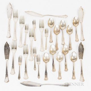 German .800 Silver Boxed Fish Set, Six English Sterling Silver Seafood Forks, and .830 Silver Teaspoons