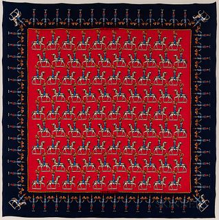Framed Hermes "Les Artificiers" Navy and Red Silk Scarf