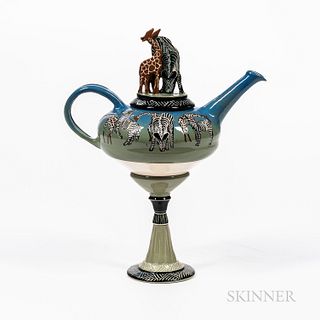 Glazed Art Pottery Teapot with Giraffes and Zebras