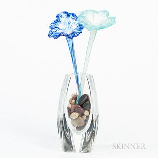 Baccarat Colorless Glass Vase and Two Art Glass Flowers