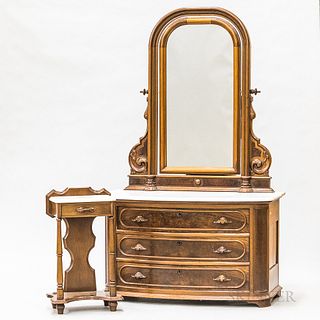 Renaissance Revival Walnut and Marble-top Mirrored Chest and Side Table