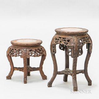 Two Chinese Carved Hardwood and Inset Marble Stands