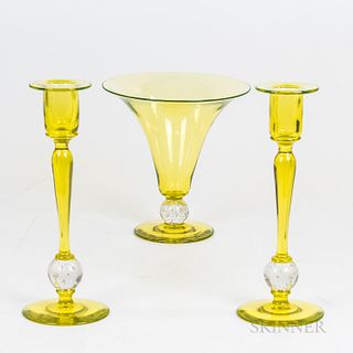 Pair of Pairpoint Yellow Glass Candlesticks and a Vase