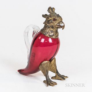 Continental Bronze-mounted Ruby Glass Parrot-form Decanter