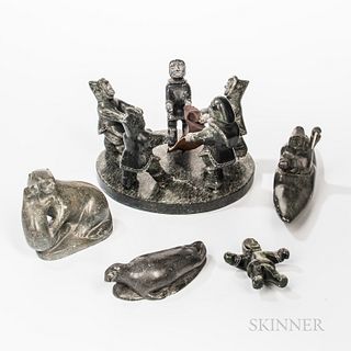 Five Inuit Soapstone Carvings and a Pottery Figure
