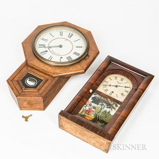 Two Oak Octagonal Wall Clocks and a Mahogany Veneer Shelf Clock.