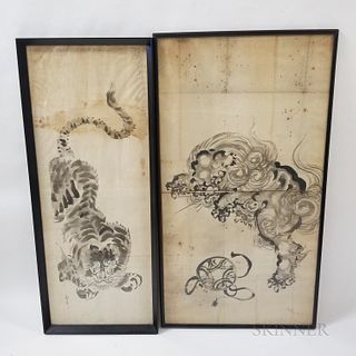 Two Large Framed Japanese Watercolors of a Tiger and a Dragon