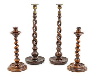 Two Pairs of English Turned Wood Candlesticks
