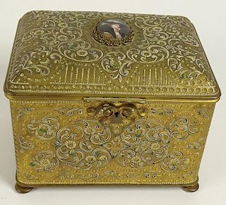 Antique enameled gilt bronze jewelry casket with inset hand painted porcelain portrait plaque.