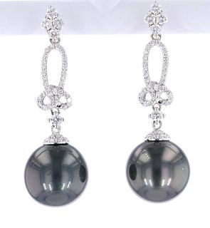 Scarce Black Tahitian Pearl Diamond 14K Earrings