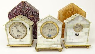 Collection of Three (3) Early 20th Century Miniature Mother of Pearl and Gilt Metal Carriage Clocks