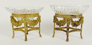 Pair of crystal and brass small compotes.