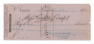 [DICKENS, Charles]. Autograph document, signed ("Charles Dickens"), a check, drawn on Coutts Bank, payable to "House,    £6.00." London, 7 June 1864. 
