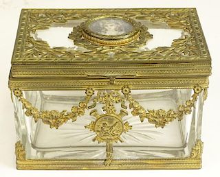 Antique bronze mounted crystal vanity box with inset hand painted porcelain portrait plaque.