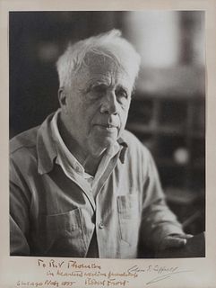 FROST, Robert (1874-1963). Photographic reproduction signed and inscribed ("Robert Frost"), to R.V. Thornton, 1955.