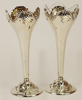 Pair 800 German silver reticulated art nouveau style vases.
