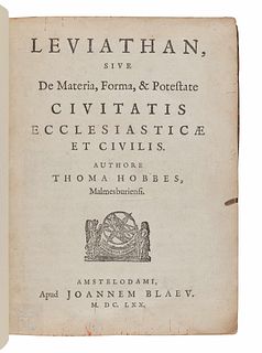 HOBBES, Thomas (1588-1679). Leviathan, sive De materia, forma, et potestate civitatis ecclesiasticae et civilis. Amsterdam: J. Blaeu, 1670.  