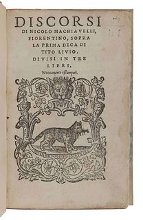 MACHIAVELLI, Niccolo (1469-1527). Discorsi...sopra la prima deca di Tito Livio. Venice: Giovanni Antonio and Nicolini da Sabio, Melchior Sessa, 1537. 