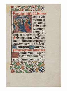 [ILLUMINATED MANUSCRIPTS]. Leaf from a Book of Hours with historiated initial  "S" on recto depicting the Pentecost. [France, c.1450].  
