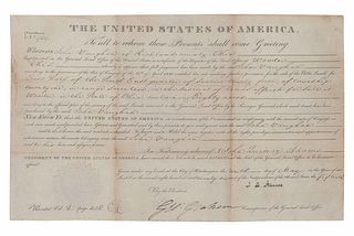 ADAMS, John Quincy (1767-1848).   Engraved document signed as President ( "J. Q. Adams"), countersigned by Commissioner of the General Land Office Geo