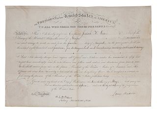 MADISON, James (1751-1836). Engraved document signed as President ( "James Madison"), countersigned by A. J. Dallas, acting Secretary of War, 20 May 1