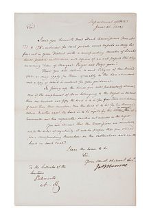 MONROE, James. Letter signed as Secretary of State ( "Jas Monroe"), to the Collector of the Customs, Portsmouth, New Hampshire. Washington D. C., 26 J
