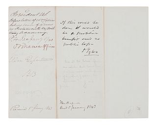 TYLER, John (1790-1862). Autograph endorsement signed as President ( "J. Tyler"), 29 December 1842.  