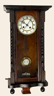 Antique Carved Wood Regulator Wall Clock. Painted Metallic Face. Glass Paneled Case.