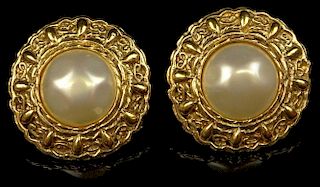 Pair Retro Chanel Faux Pearl Gold Tone Clip On Earrings.