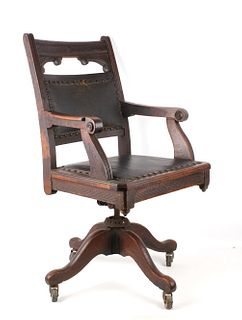 Leather & Carved Wood Rolling Office Chair