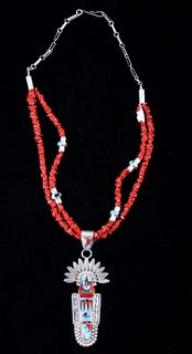 Zuni Micro Inlay Sterling & Coral Kachina Necklace