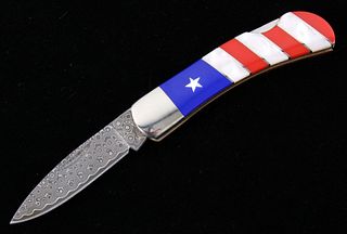 Patriotic Flag Lapis & Coral Inlaid Damascus Knife