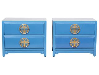 Pr of Blue Lacquered Side Tables w/ Brass Hardware