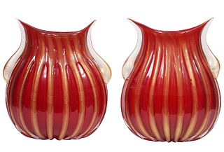 Pr. Pino Signoretto Murano Red & Gold Glass Vases