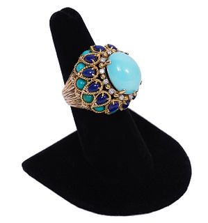 Vintage Turquoise, Lapis, Diamond Bombe Ring