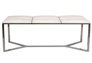 Embossed Faux White Leather and Chrome Bench