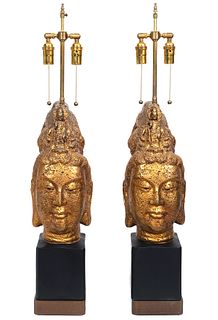 Pr. of Buddha Head Lamps Style of James Mont