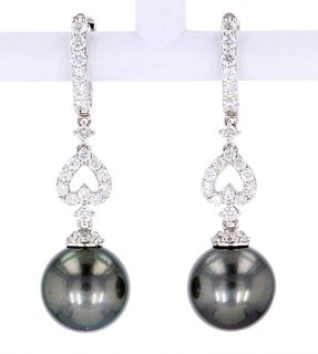 Scarce Black Tahitian Pearl Diamond Earrings