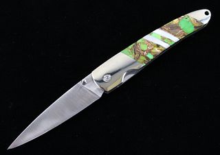 Rare Turquoise Abalone & MOP Bronze Custom Knife
