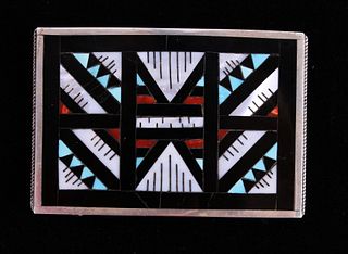 Zuni Mosaic Inlaid Onyx & Coral Sterling Buckle