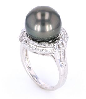 Scarce Black Tahitian Pearl Diamond 14K Ring
